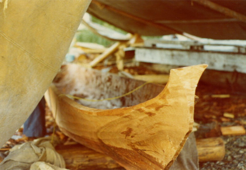 A partially built wooden canoe under a tent, with logs and other tools in the background.